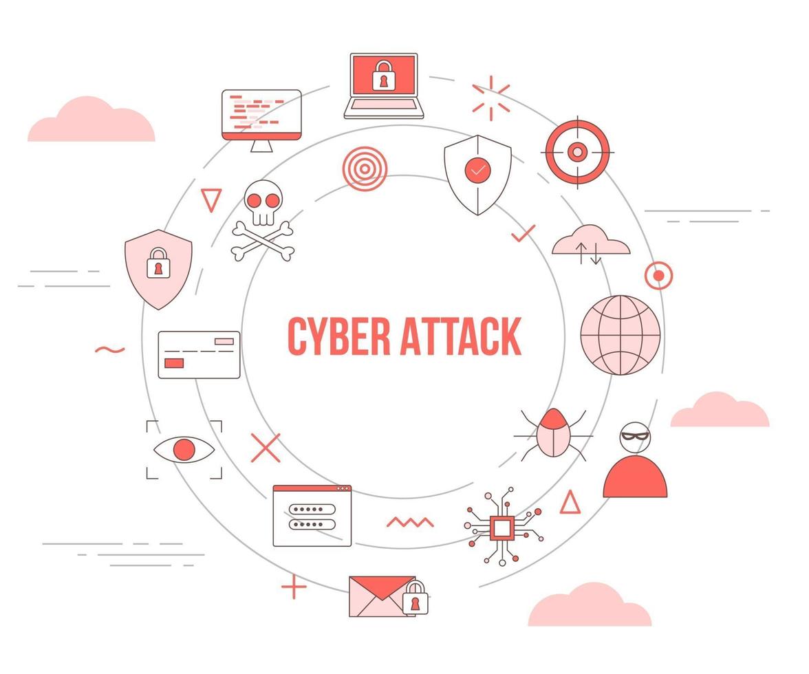 cyber attack concept with icon set template banner with modern orange color style and circle round shape vector