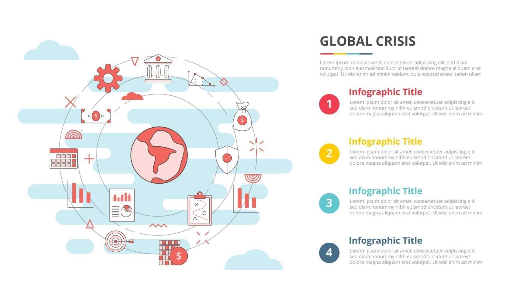 concepto de crisis global para banner de plantilla infográfica con información de lista de cuatro puntos vector