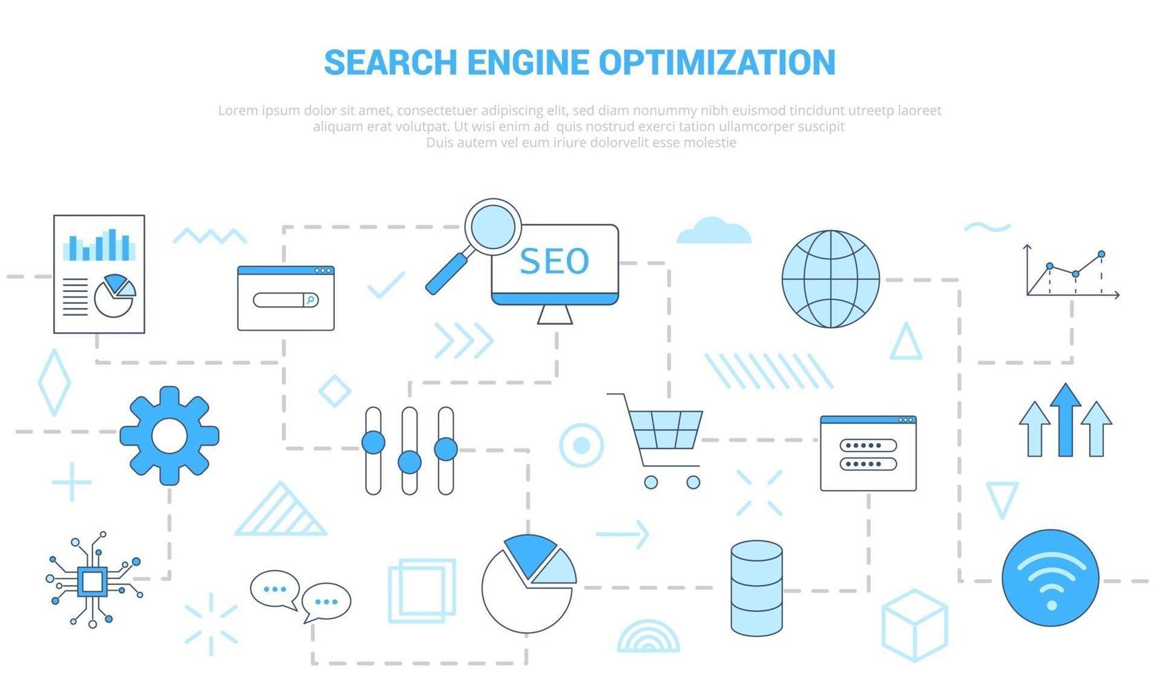 concepto de optimización de motor de búsqueda seo con banner de plantilla de conjunto de iconos con estilo de color azul moderno vector