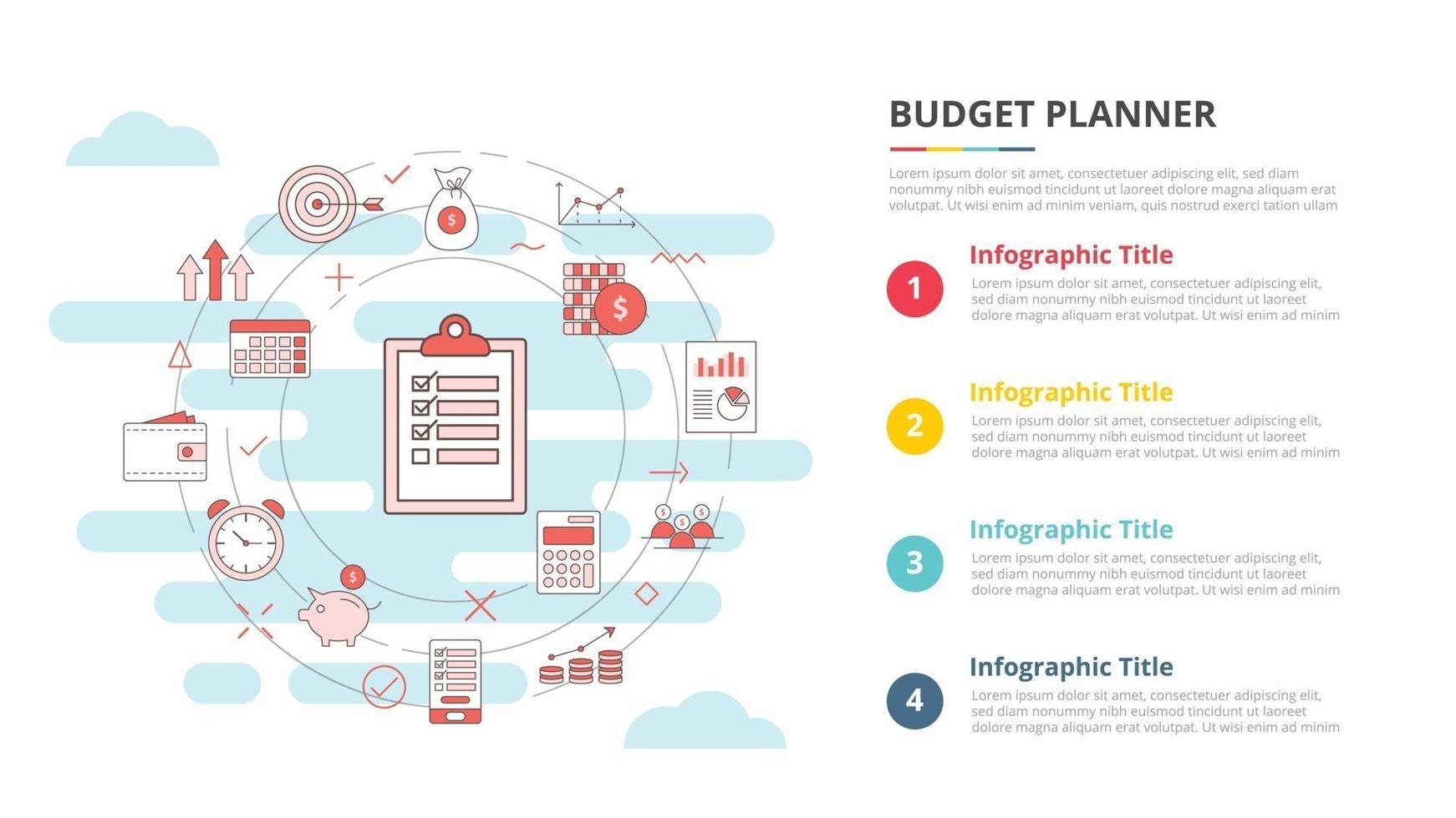 concepto de planificador de presupuesto para banner de plantilla infográfica con información de lista de cuatro puntos vector