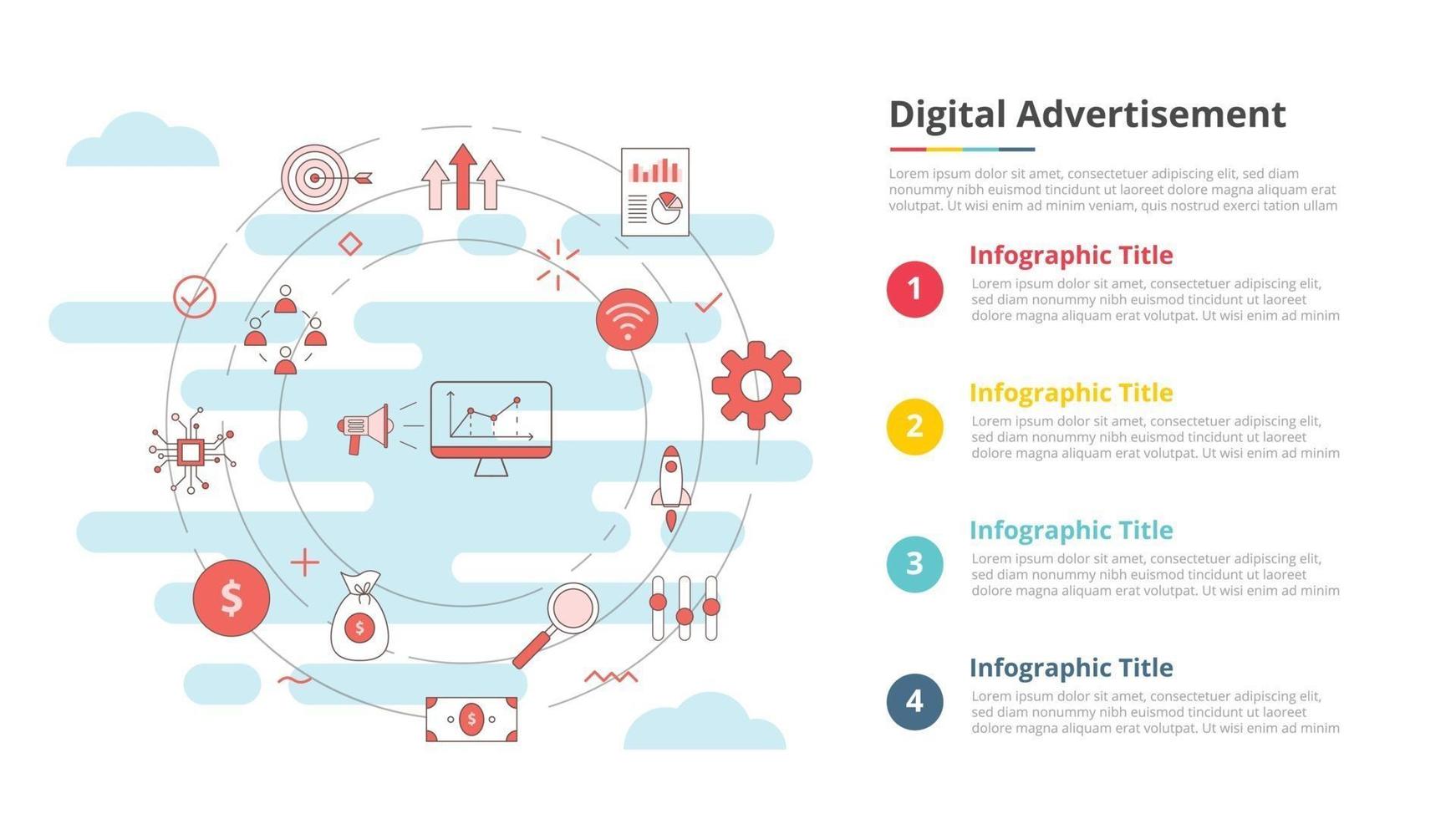 concepto de publicidad digital para banner de plantilla infográfica con información de lista de cuatro puntos vector