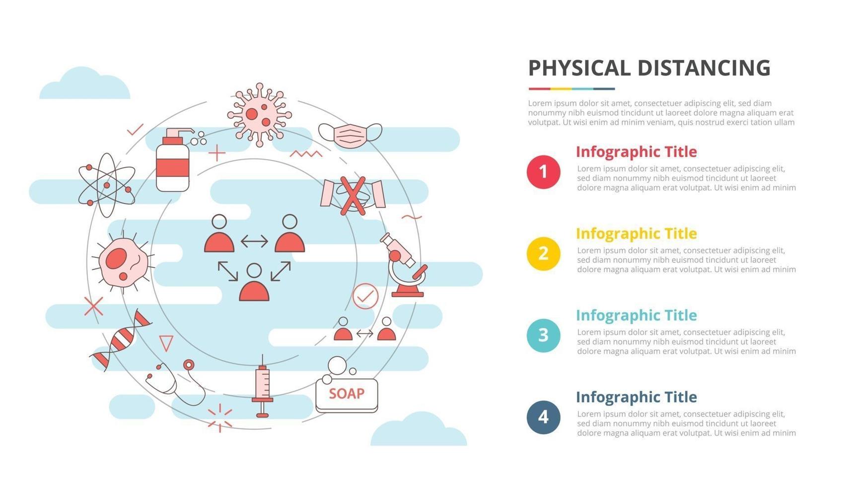 concepto de distanciamiento social para banner de plantilla infográfica con información de lista de cuatro puntos vector