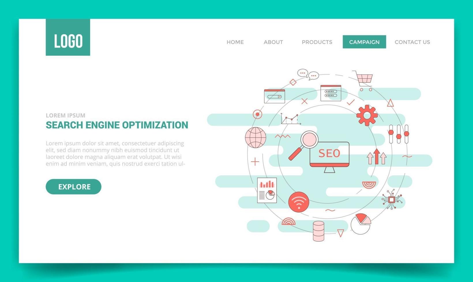 concepto de seo con icono de círculo para plantilla de sitio web o estilo de esquema de página de inicio de banner de página de inicio vector