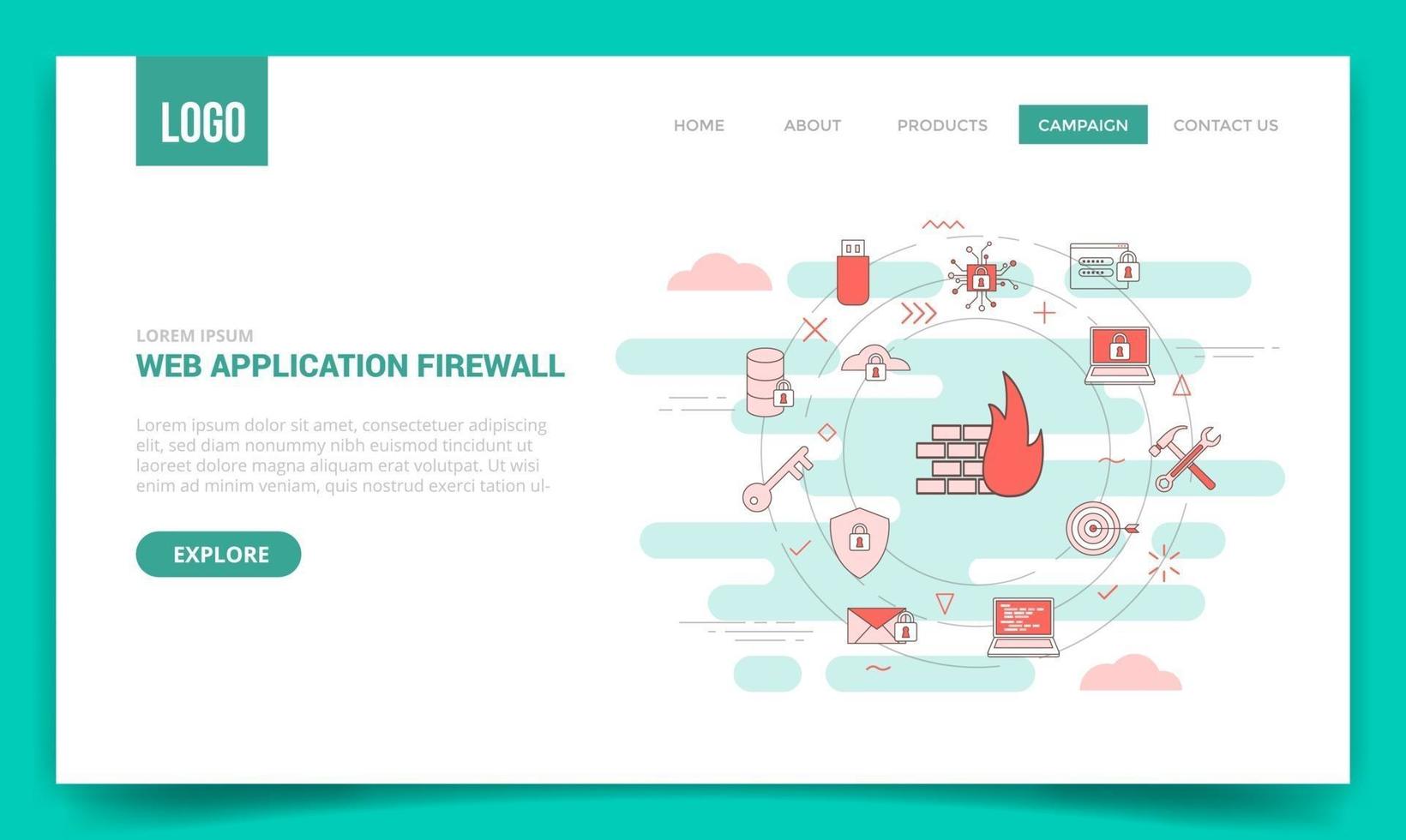 concepto de firewall de aplicaciones web waf con icono de círculo para plantilla de sitio web o página de inicio vector