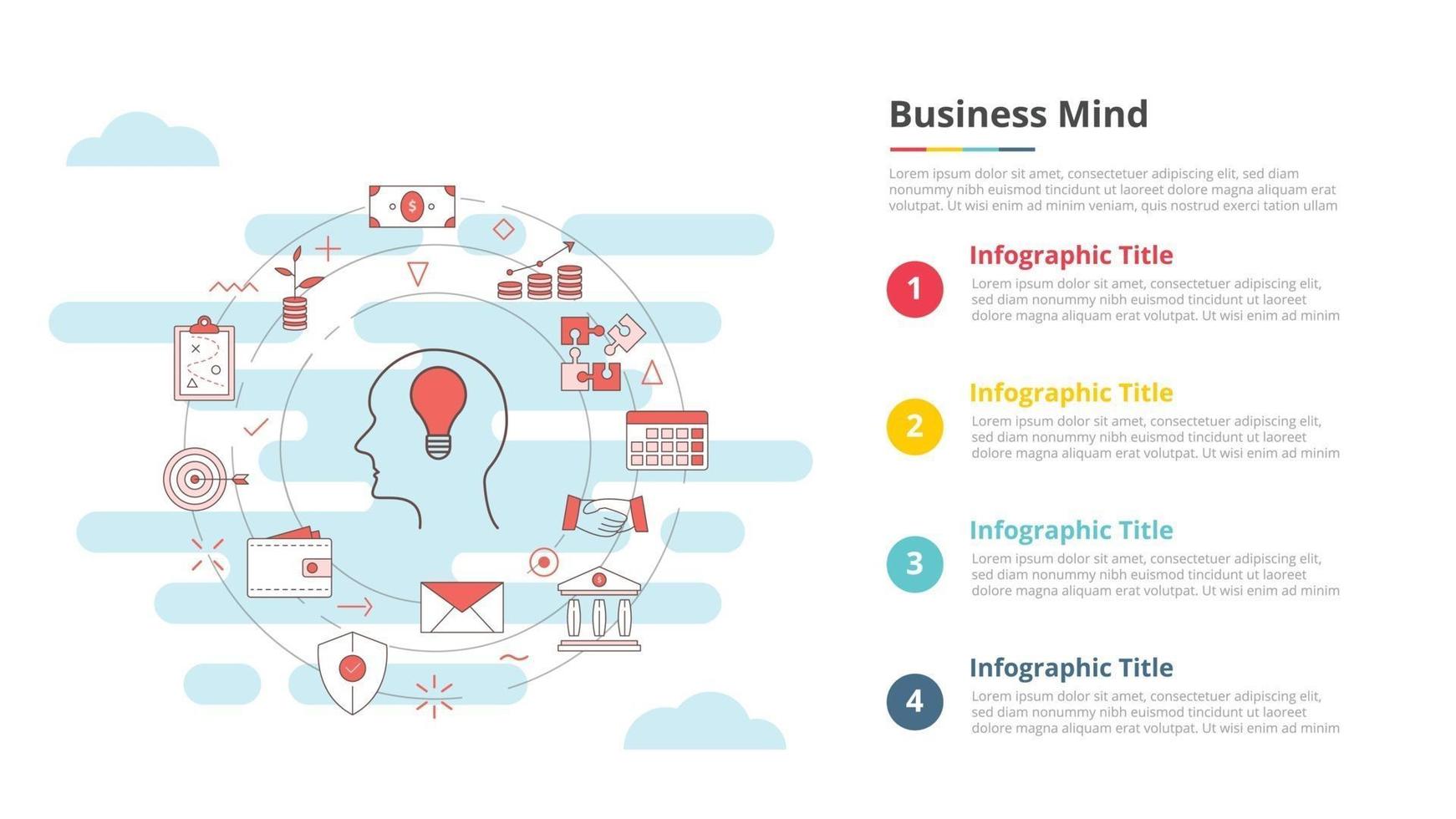 concepto de mente empresarial para banner de plantilla infográfica con información de lista de cuatro puntos vector