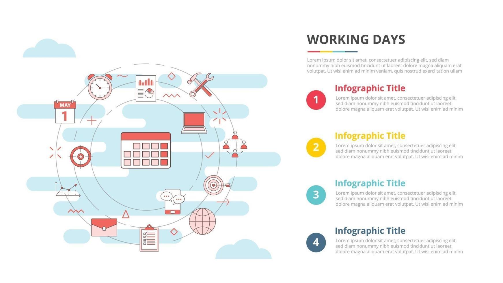 concepto de días laborables para banner de plantilla infográfica con información de lista de cuatro puntos vector