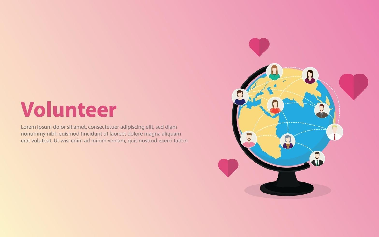 concepto voluntario con gente feliz icono en todo el mundo en el mapa mundial - vector