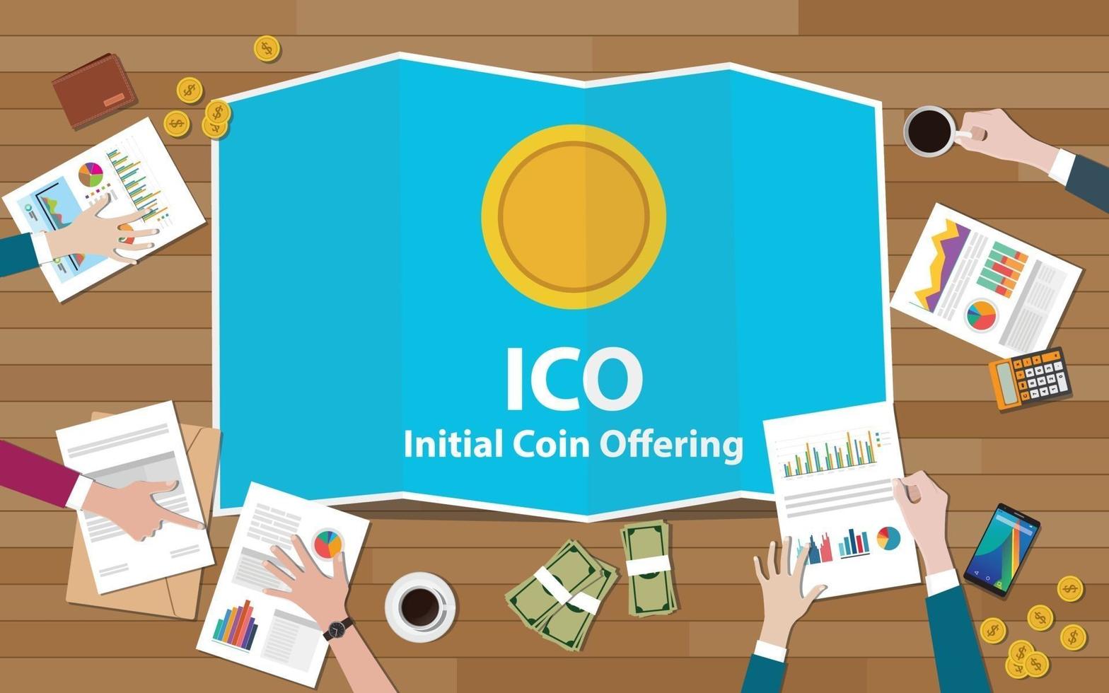 ico initial coin offering concept with business team working together on top of table with gold coin electronic money - vector