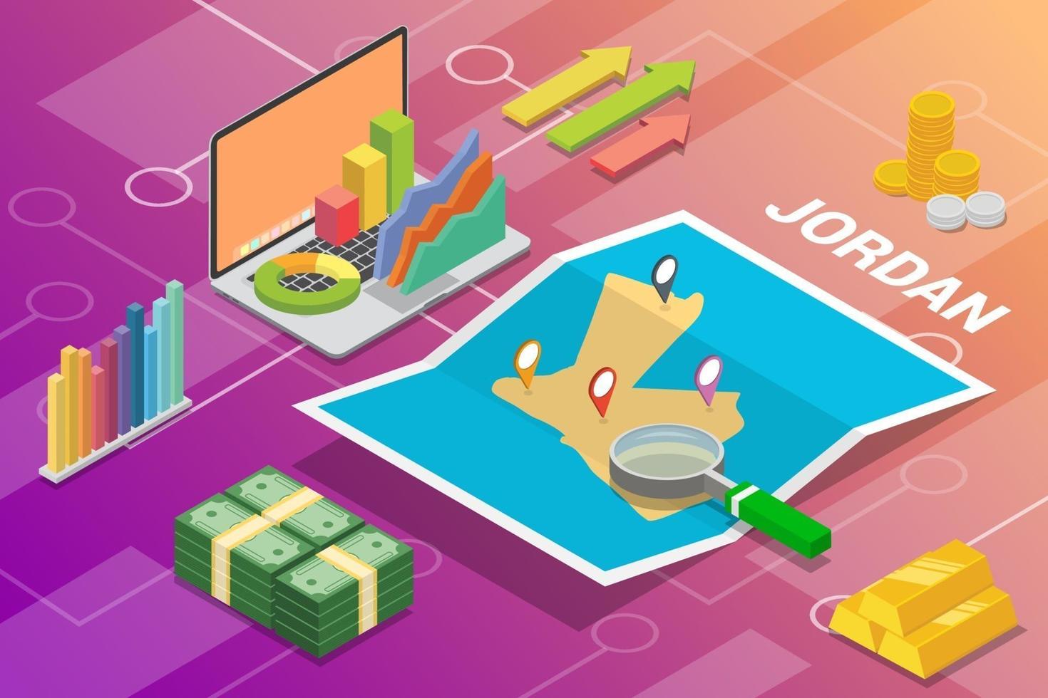 yordania jordan isometric business economy growth country with map and finance condition - vector illustration