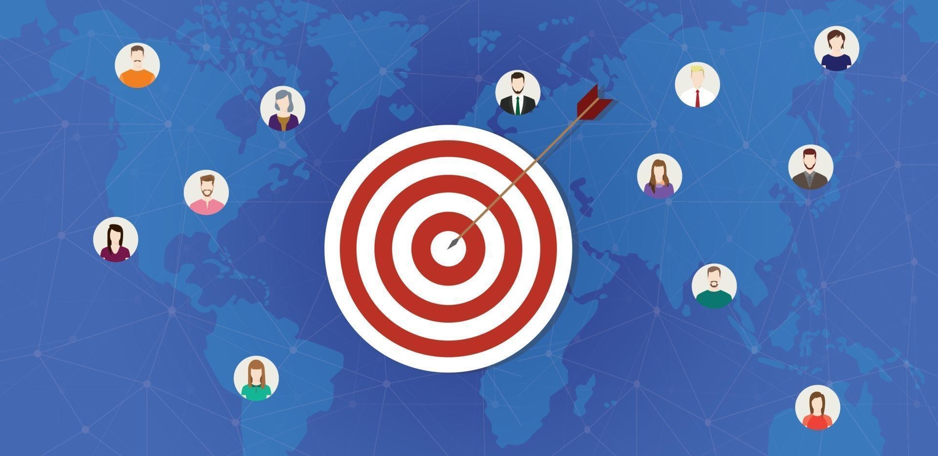 customer target business company target with dart goals and people icon around the world maps - vector