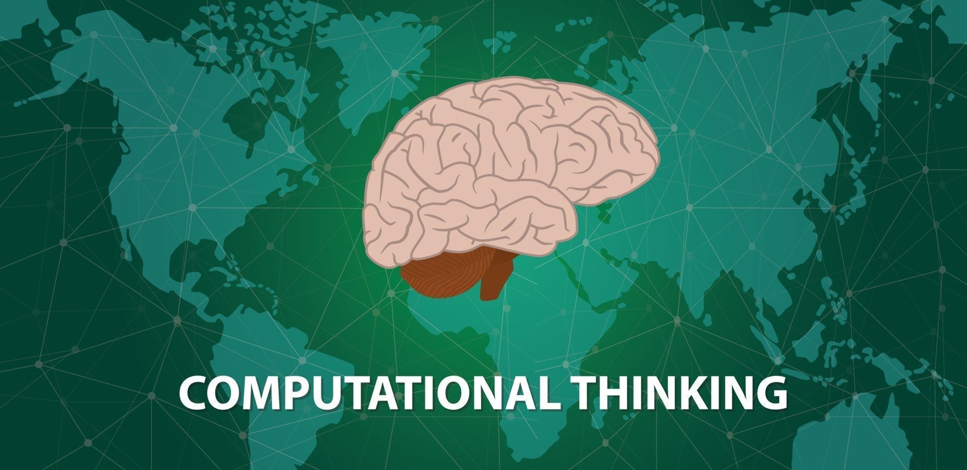 computational thinking concept with human head brain on top of world map with cyberspace world map background - vector