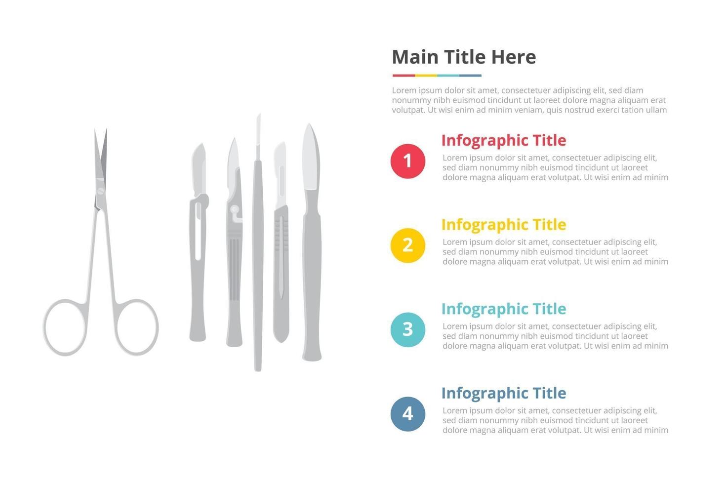 cirugía instrumentos quirúrgicos herramientas infografía plantilla con 4 puntos de descripción de texto de espacio libre - ilustración vectorial vector