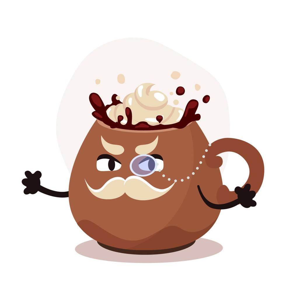 Vector big brown cup with christmas drink. Chocolate with whipped cream. Cartoon character with a mstache and monocle. Old gentleman