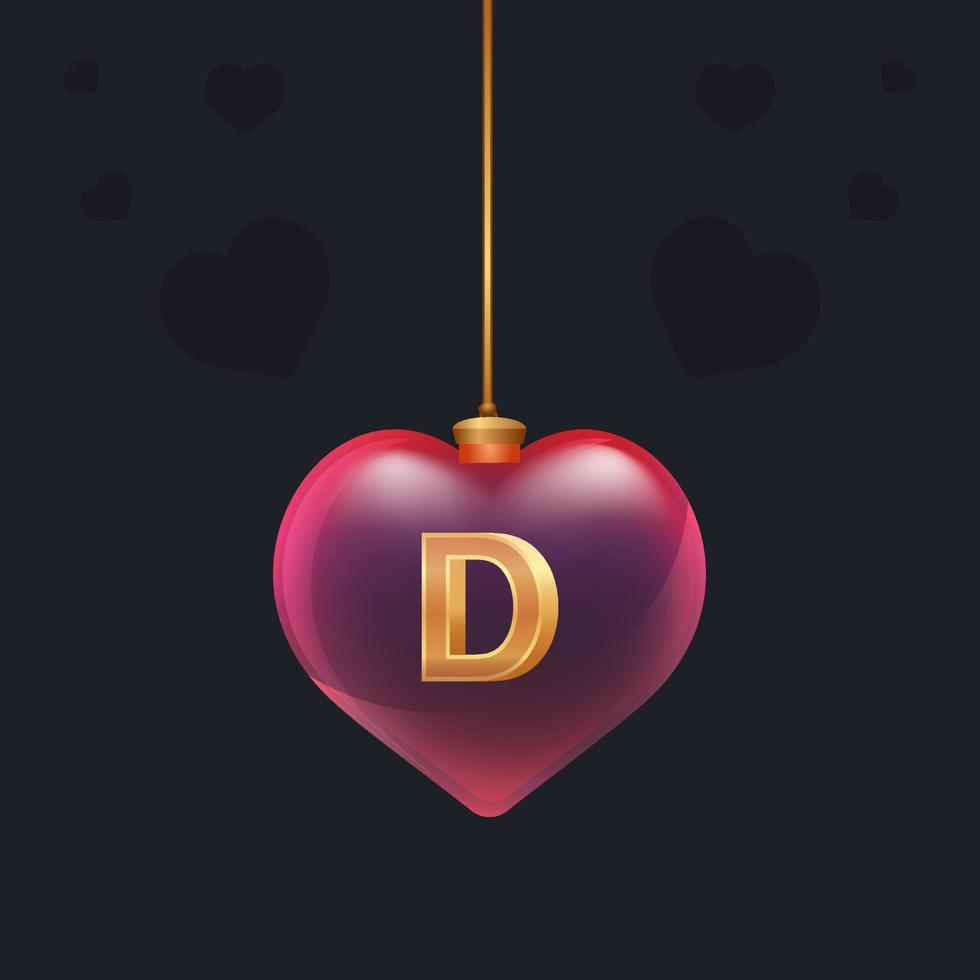 Glass ball with a golden 3D letter D inside. Valentines day ...