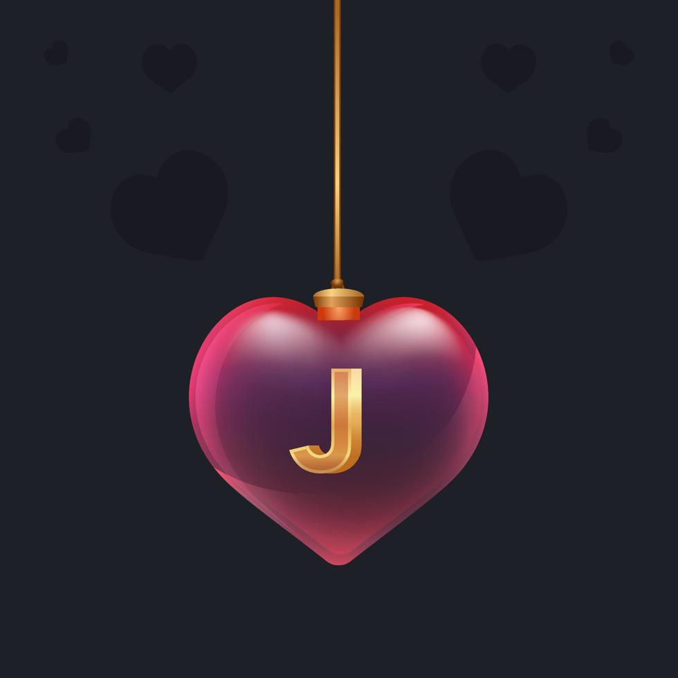 Glass ball with a golden 3D letter J inside. Valentines day decoration element for design banner, card or any advertising vector