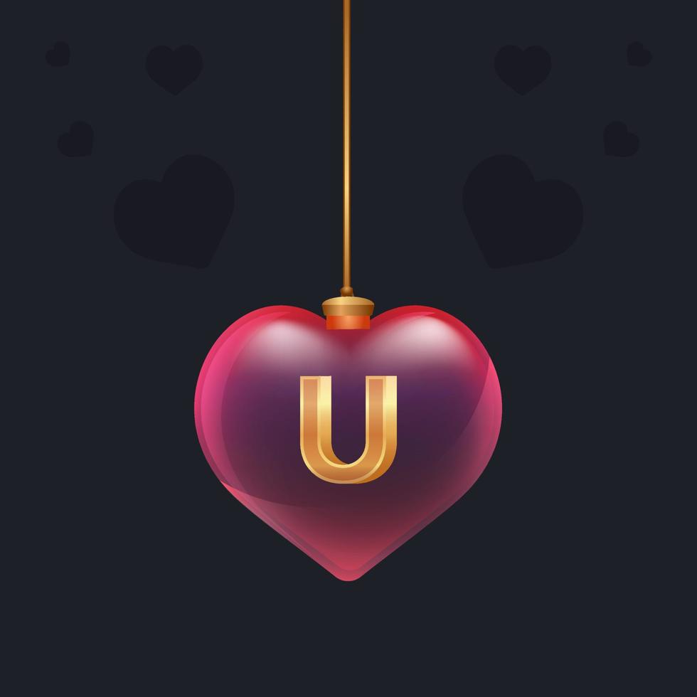 Red glass heart toy with a golden 3D letter U inside. Valentine day decoration.Design element for banner, invintation or any advertising vector