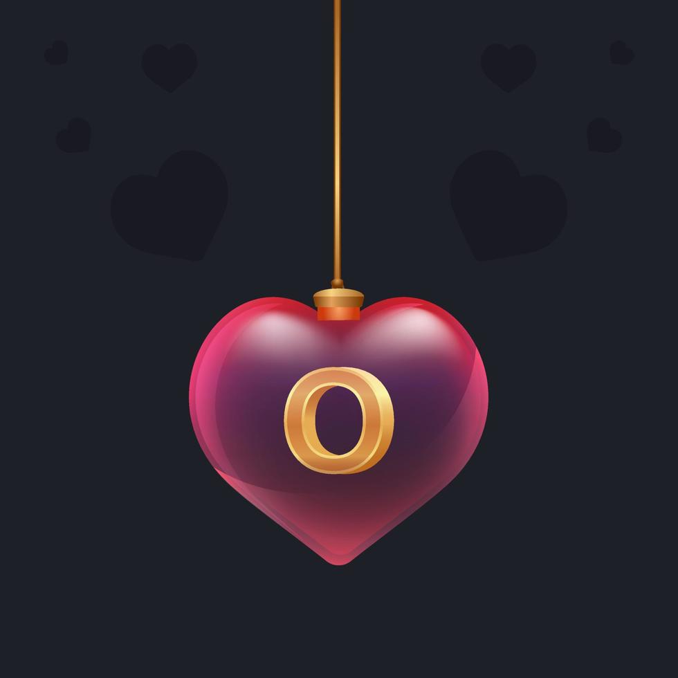 Transparent glass toy with a golden 3D letter O inside. Valentine day decoration element for design flyer, greeting card or any advertising vector