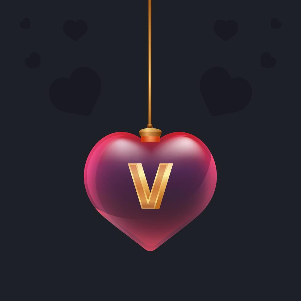 Red glass heart toy with a golden 3D letter V inside. Valentine day decoration.Design element for banner, invintation or any advertising vector