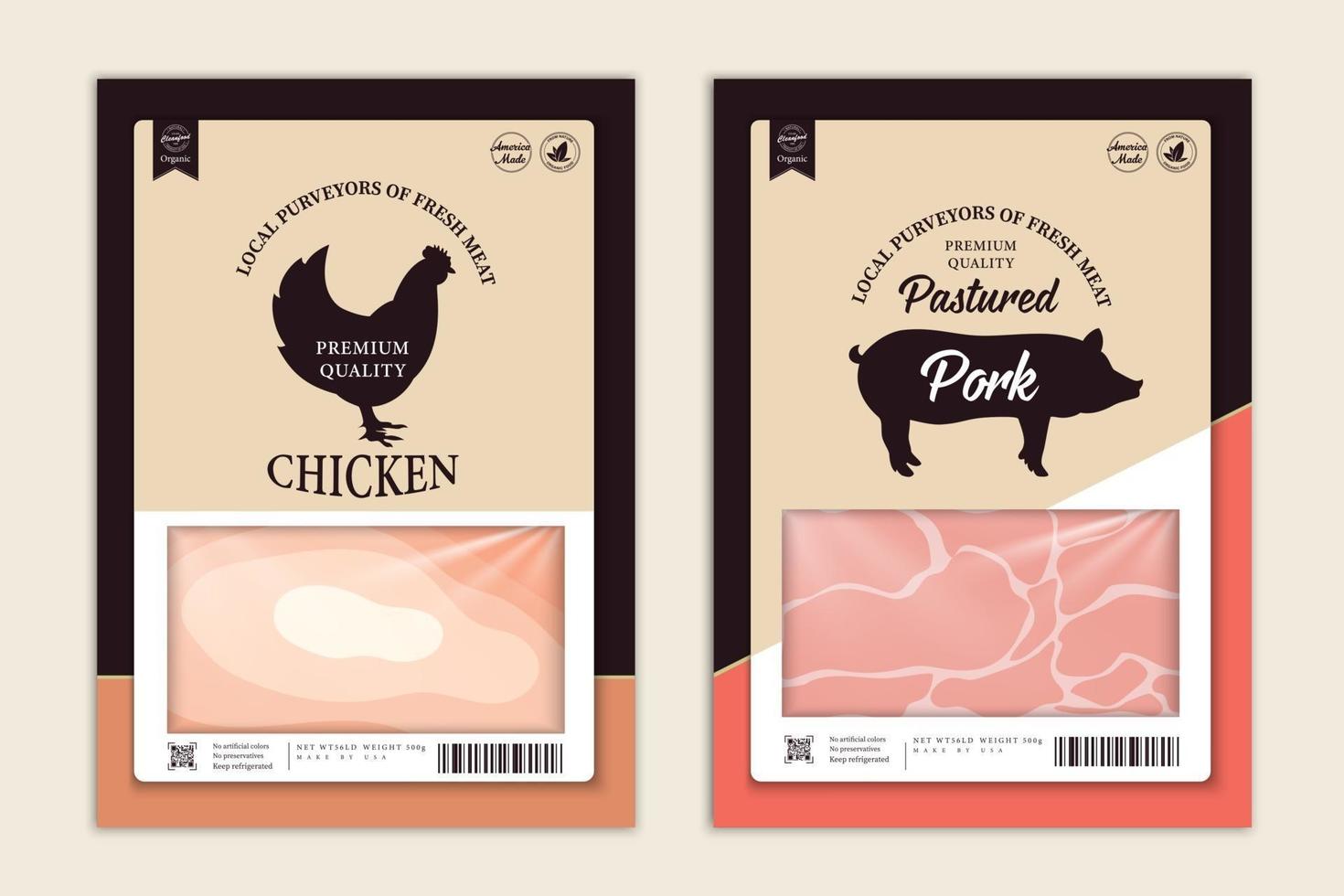 etiquetas de carnicería con siluetas de animales de granja pollo cerdo y carne vector
