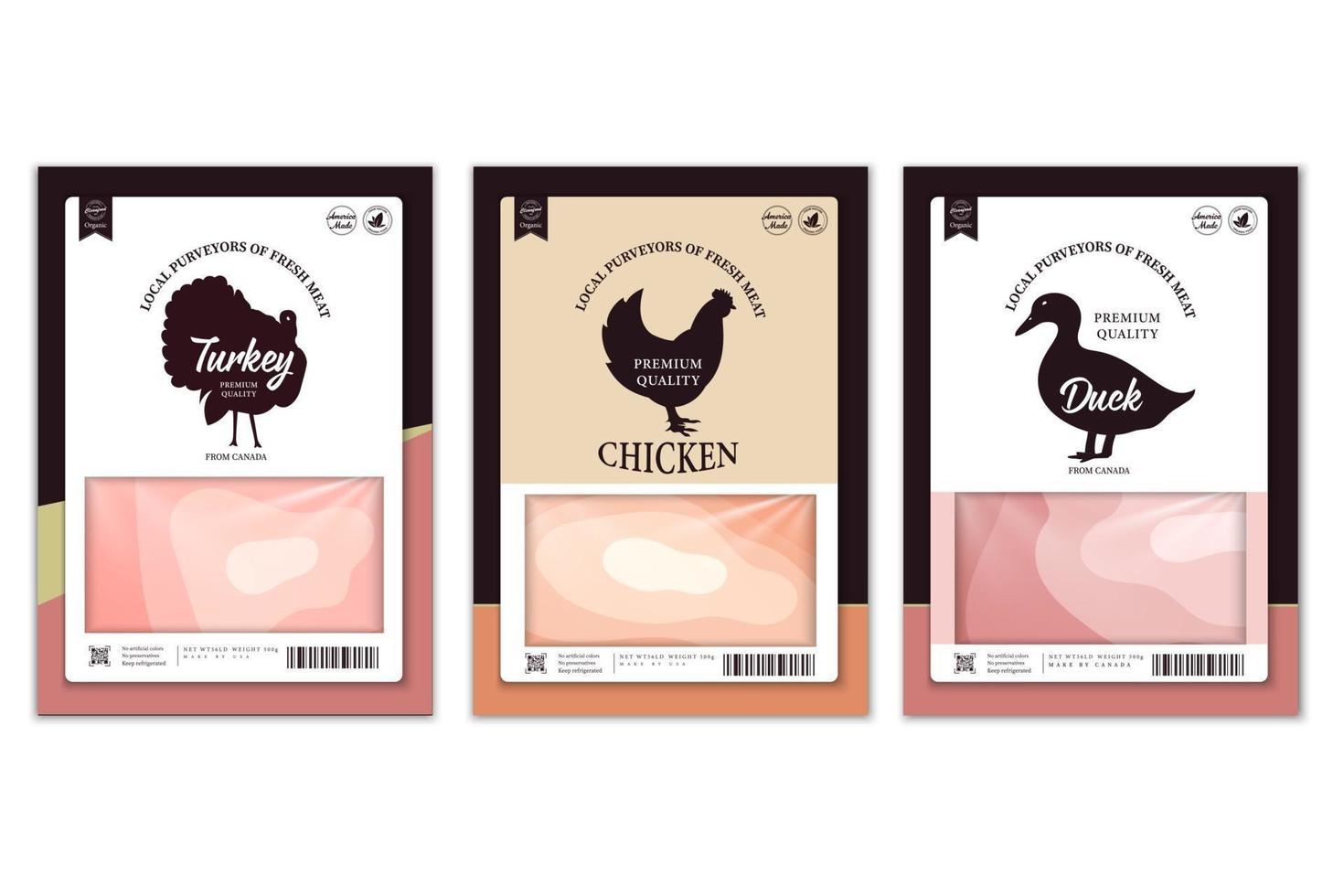 Butchery with farm animal. Chicken, turkey and duck meat for groceries vector