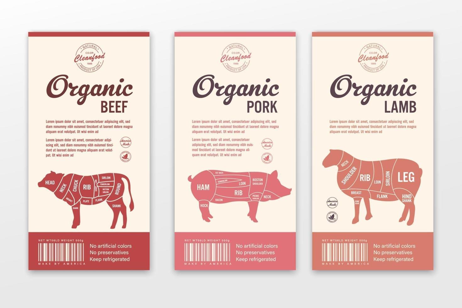 Vector butchery labels. Pork lamb beef meat textures for groceries