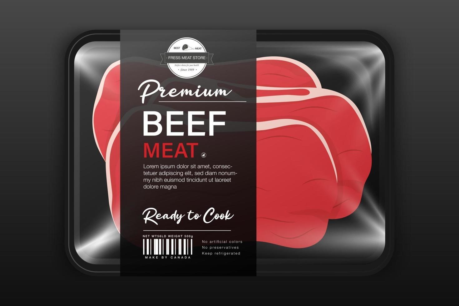 Paquete de carne de res de primera calidad. etiqueta de diseño de embalaje. vaca dibujada a mano vector