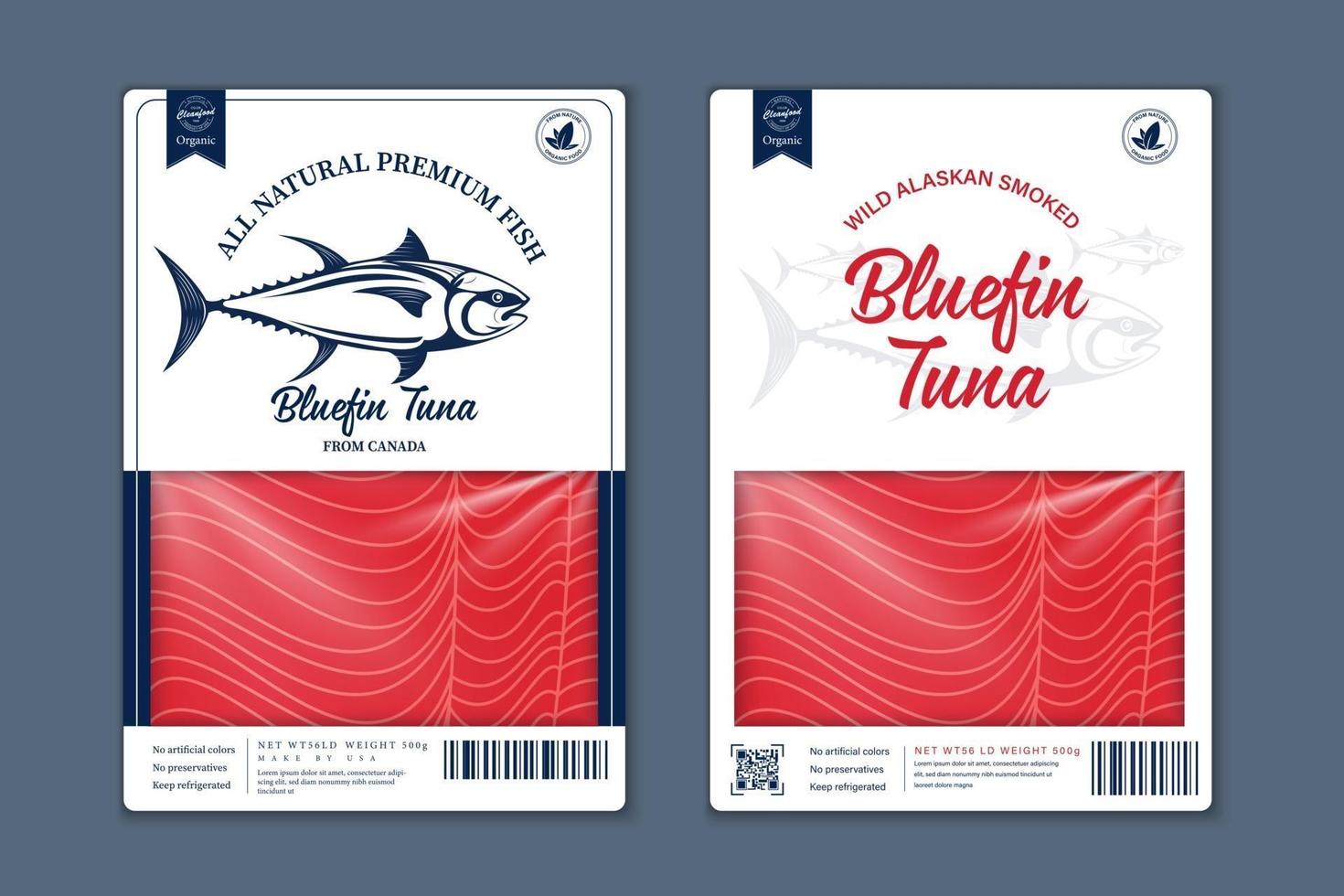 Vector fish flat style packaging. Tuna fish meat texture for packaging