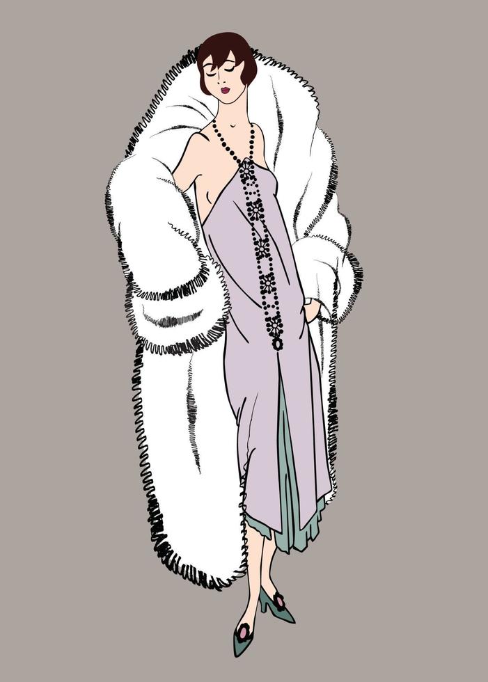 Retro fashion dressed woman 1920s 1930s style. Stylish lady in vintage winter clothes. Fashion party girl silhouettes from 30s. vector