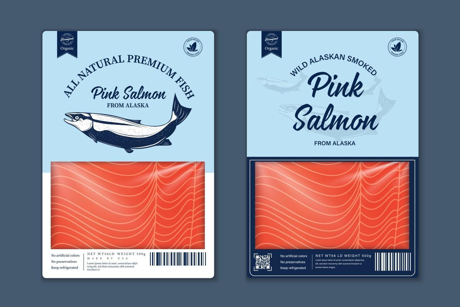 Fish flat style packaging design. Salmon fish meat texture vector