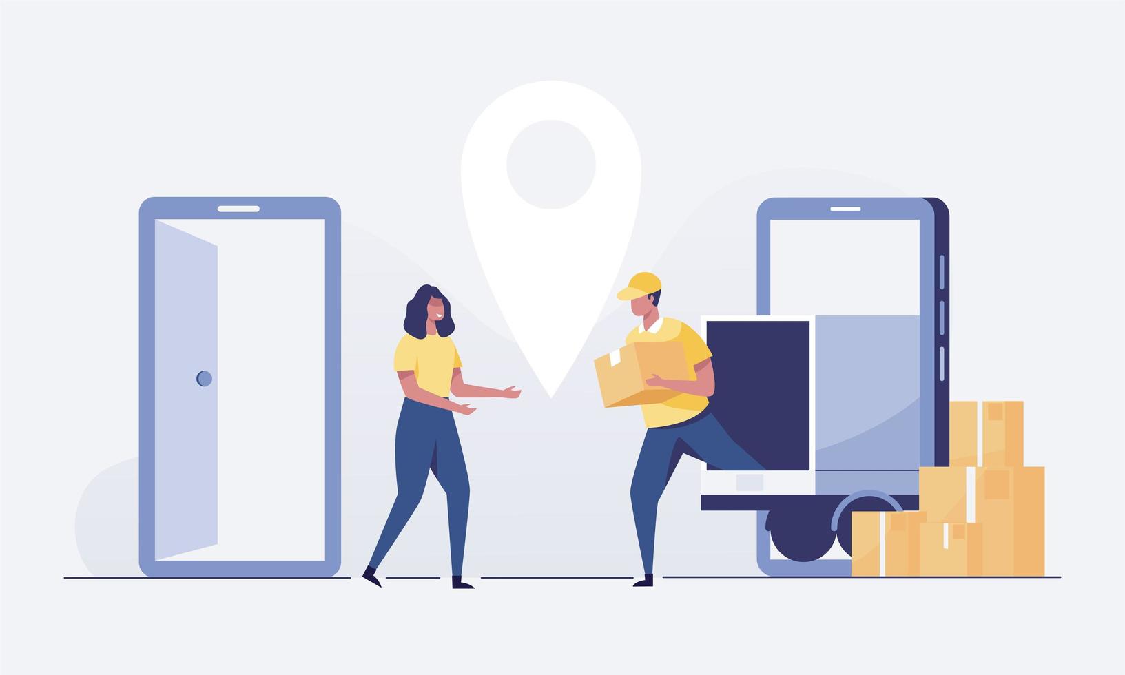 Delivery service concept. postman gives the box to the female client. vector illustration.