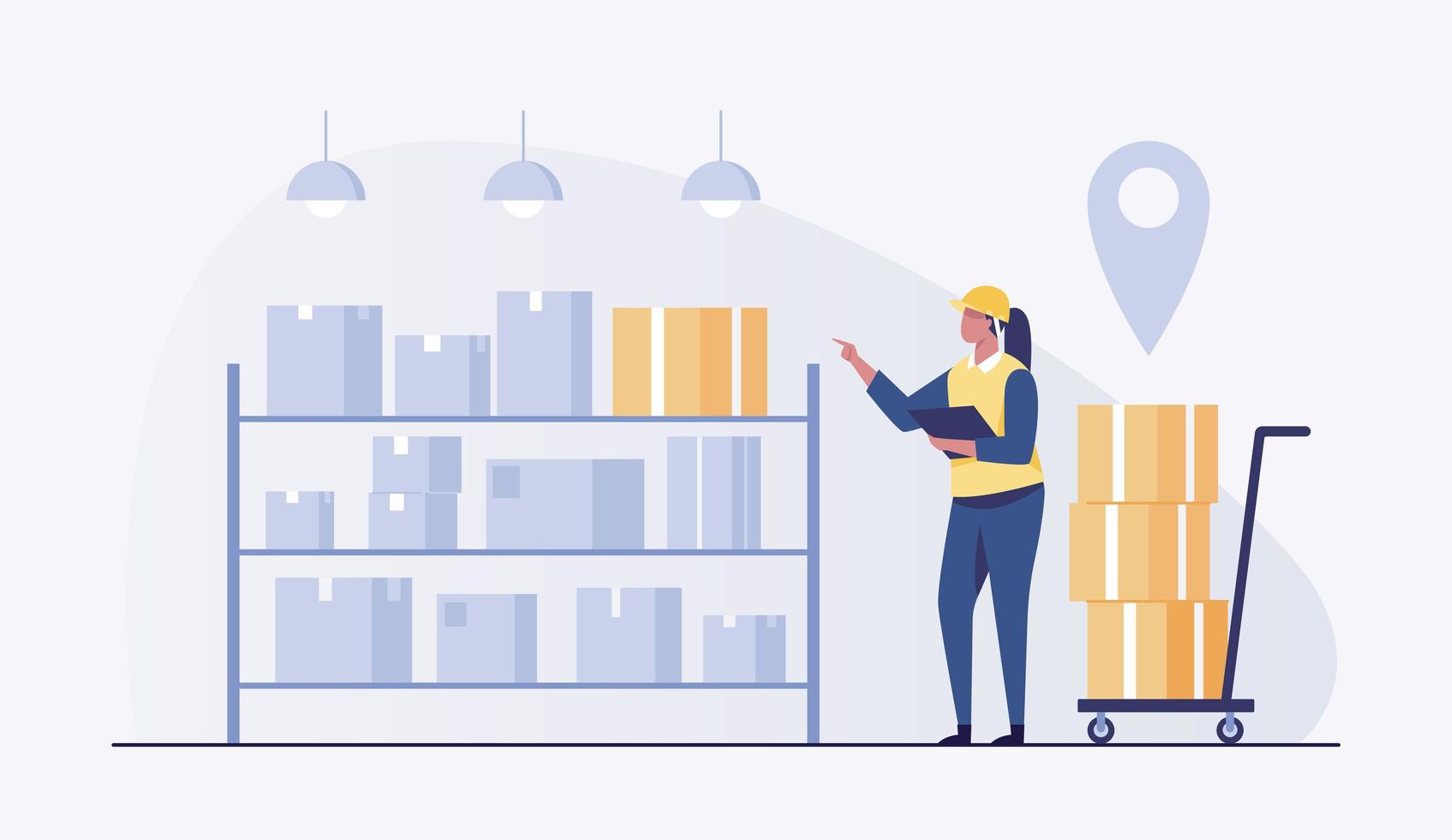 Woman in warehouse checking inventory levels of goods on shelf. vector illustration