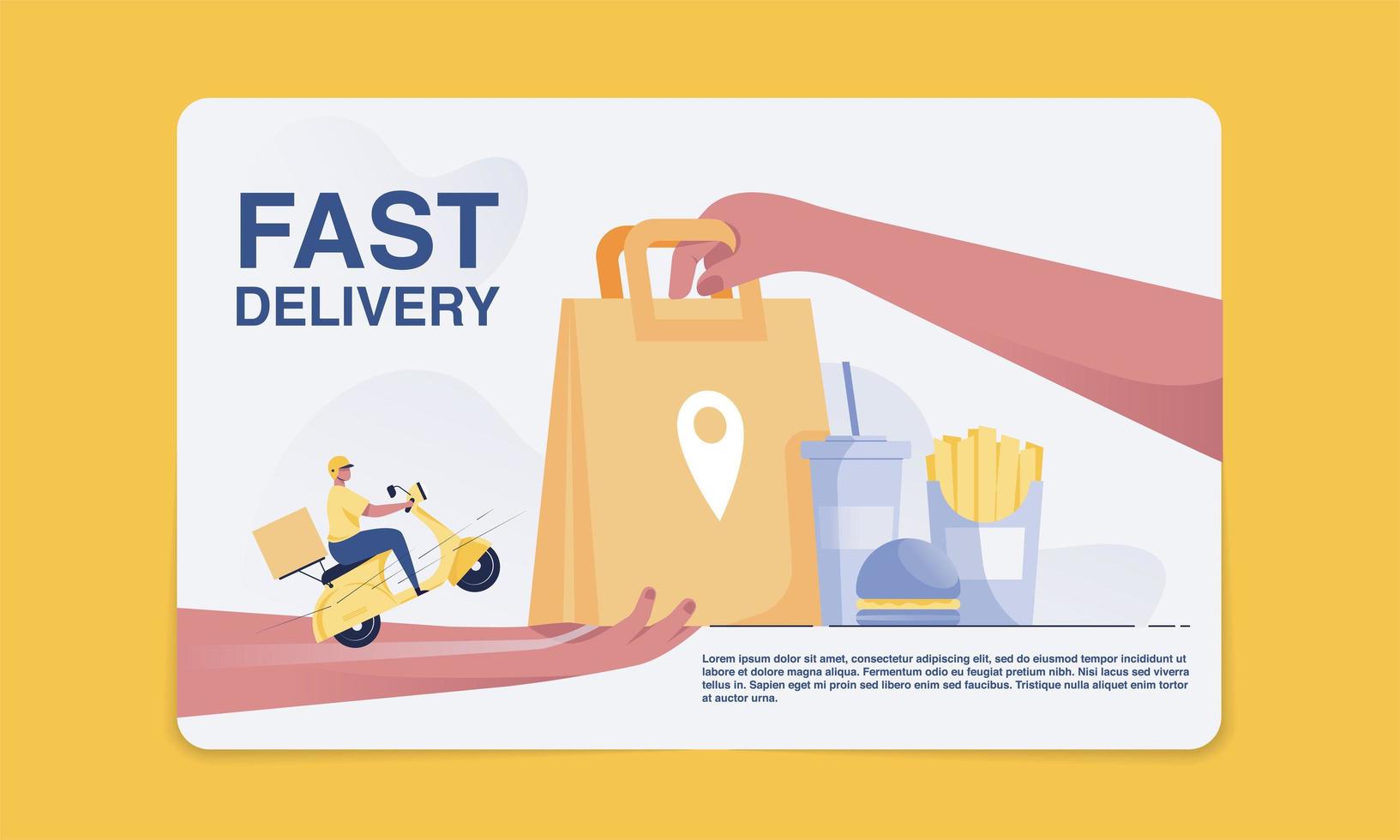 fast food delivery concept Delivery personnel deliver goods to customers. Receive a paper bag from hand to hand. vector illustration