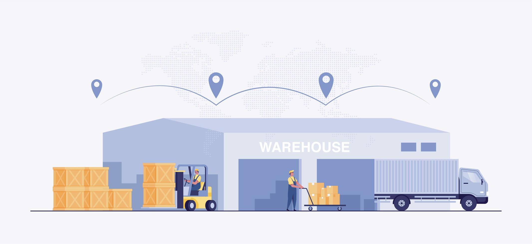 Warehouse industry with storage buildings, forklift, truck and rack with boxes. Vector illustration