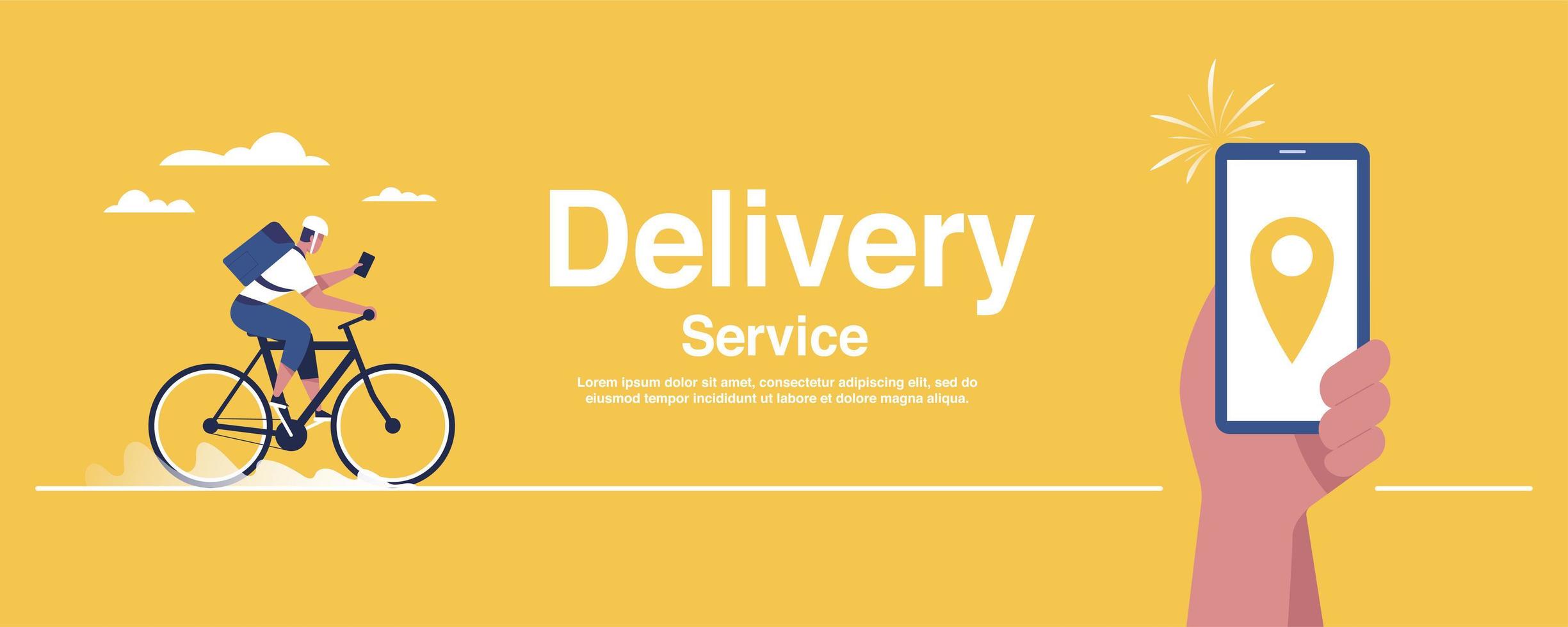 Bicycle delivery and delivery service concept. Delivery man riding a bicycle with a delivery bag. vector illustration