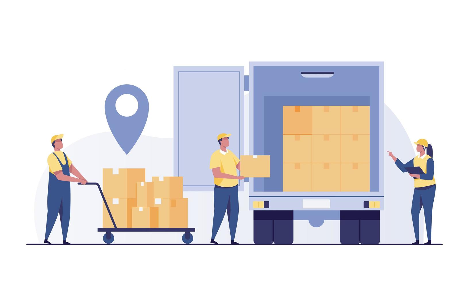 warehouse worker loading boxes in truck. Courier, delivery guy carrying cardboard container. Packages, parcels in truck. Warehouse worker. vector