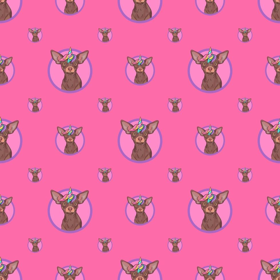 patrón impecable con un lindo perro unicornio, sobre un fondo rosa. para envolver papel, embalaje, textiles. vector