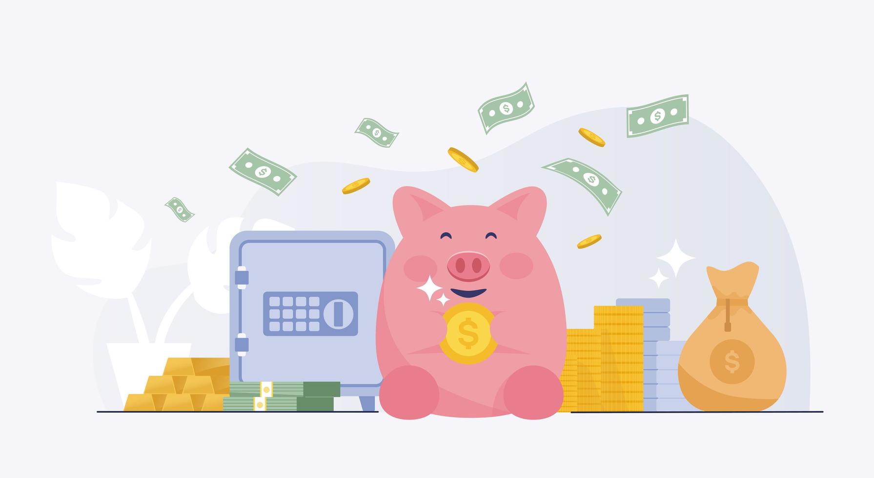 Happy pink piggy bank saving investment with safes. vector illustration