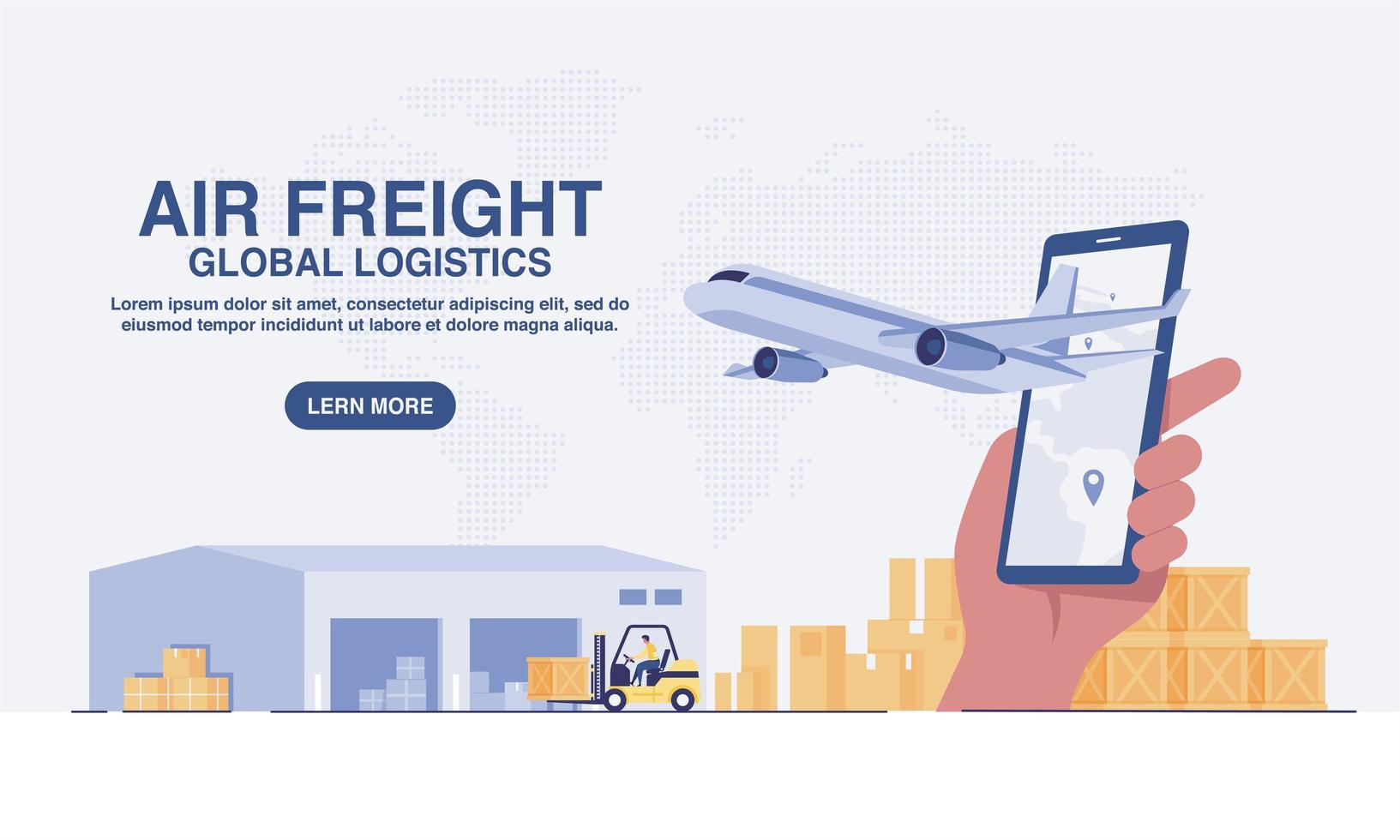 servicio de entrega en línea en móvil, logística global, transporte, logística de carga aérea, almacén y caja de paquetes. concepto para sitio web. ilustración vectorial.. ilustración vectorial. vector