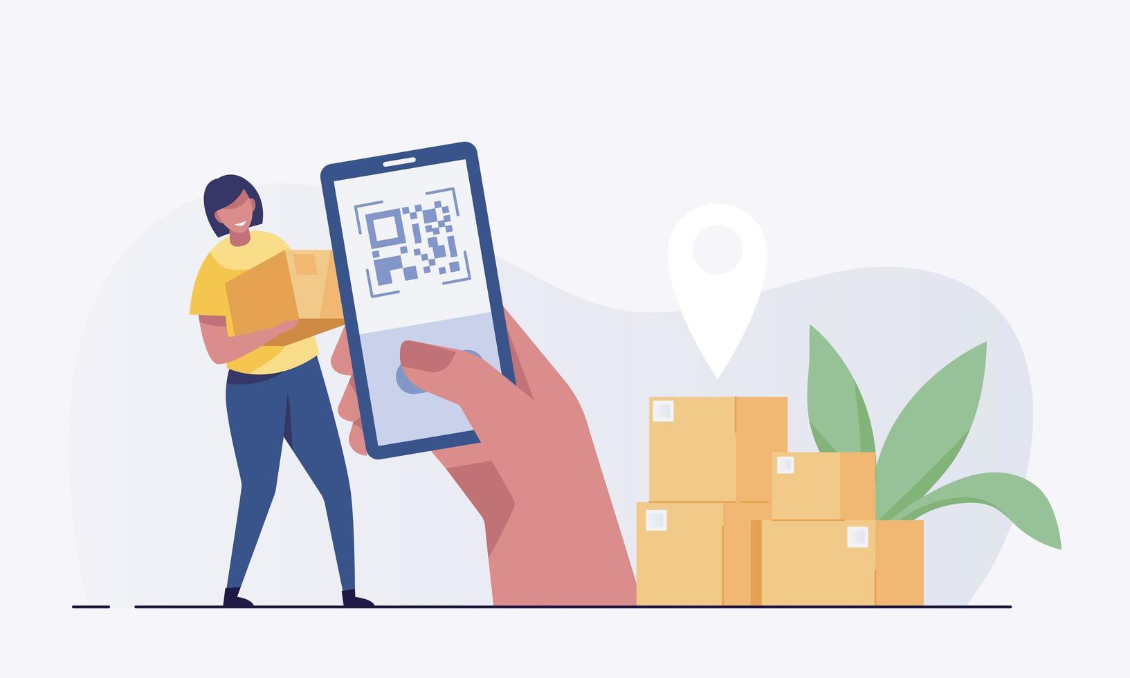 Qr code with hand holding phone with boxes. People holding phone with QR sign. vector