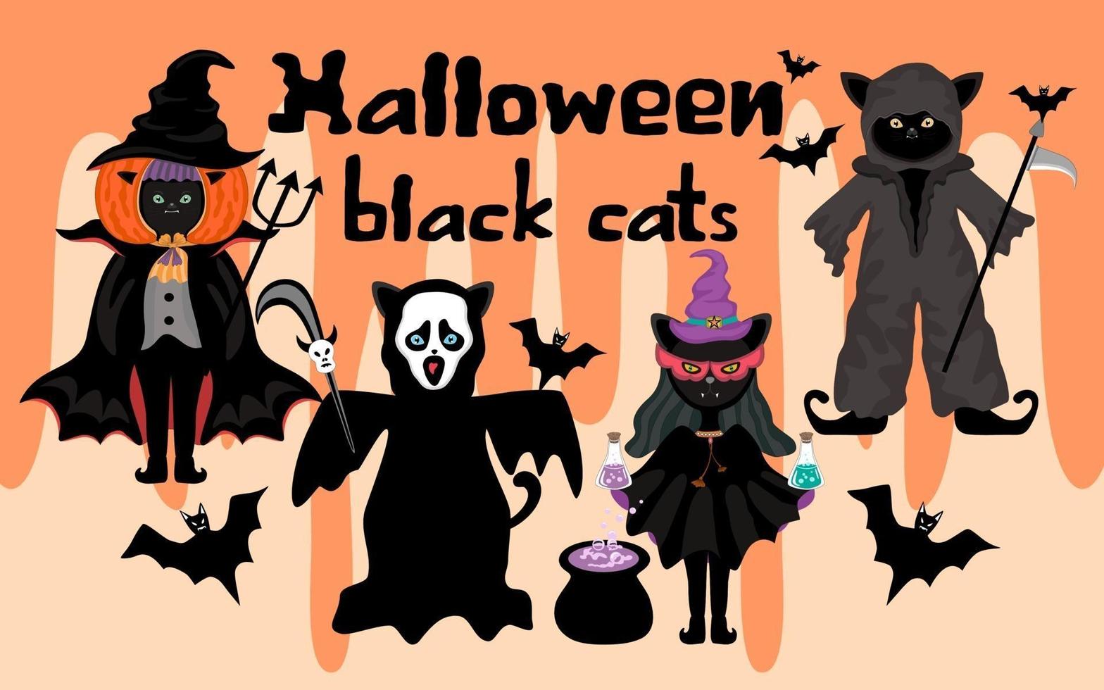 el gato negro disfrazado de halloween está diseñado en negro y naranja vector