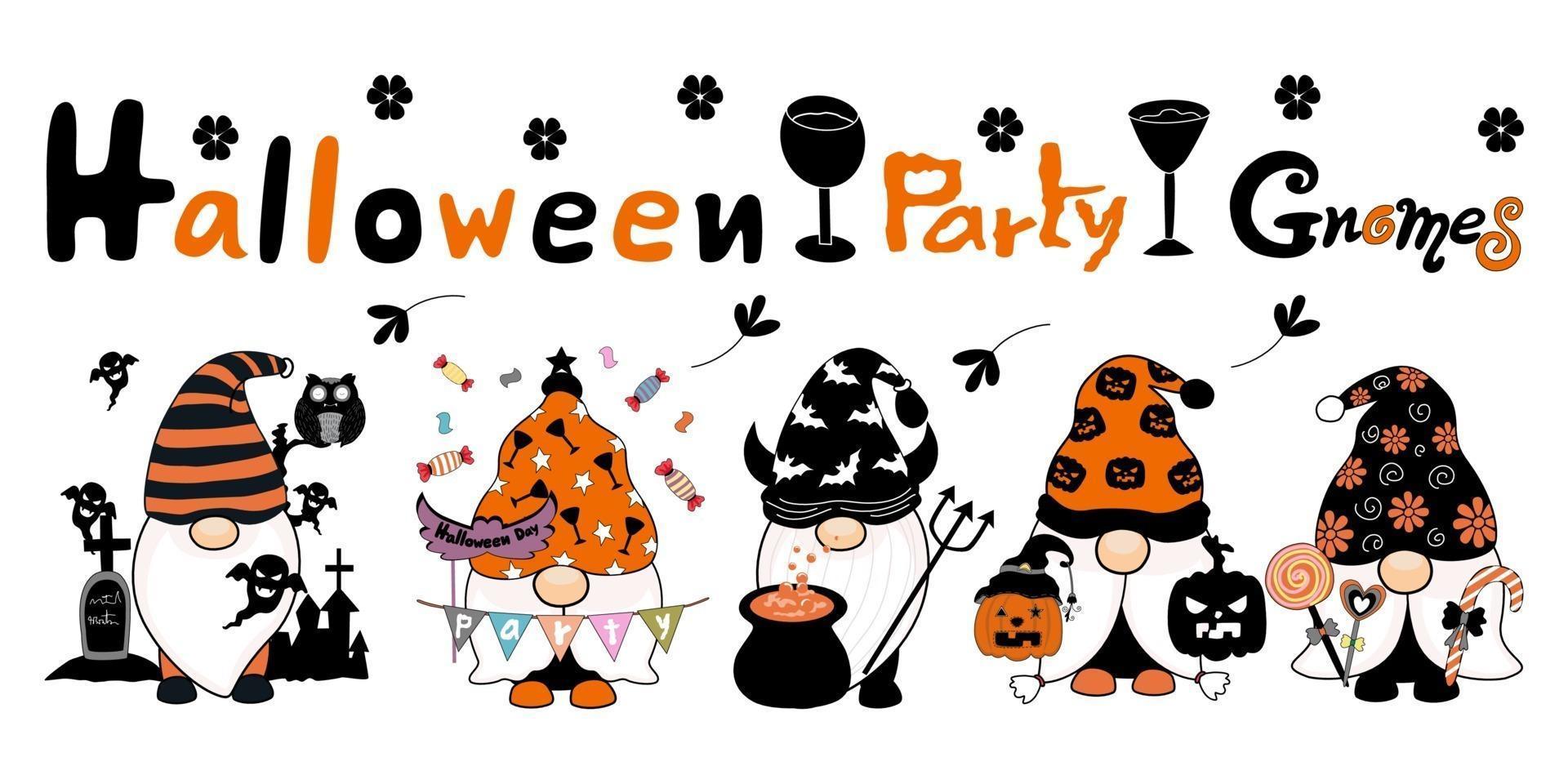 fiesta de halloween lindos gnomos diseñados en tono naranja blanco y negro vector