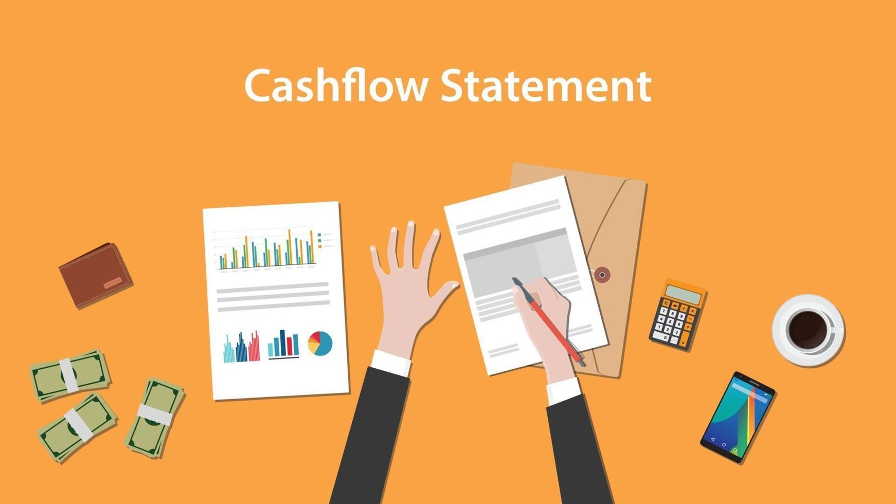 write and count cashflow statement on a paperworks with calculator, money and coffee on top of table vector