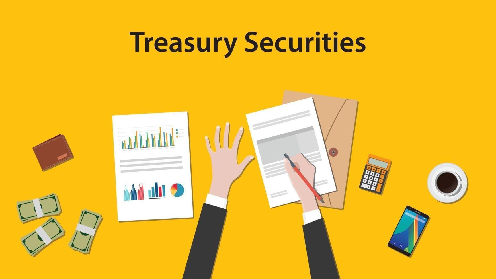 illustration of counting treasury securities with paperworks, calculator and money on top of table and yellow background vector