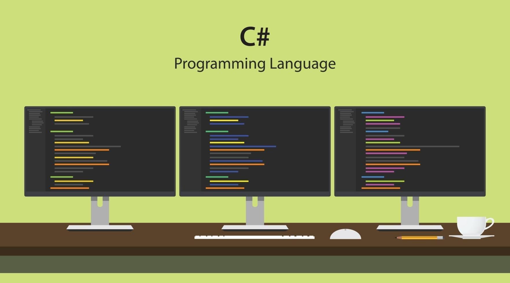 ilustración del código del lenguaje de programación c que se muestra en tres monitores seguidos en el espacio de trabajo del programador vector