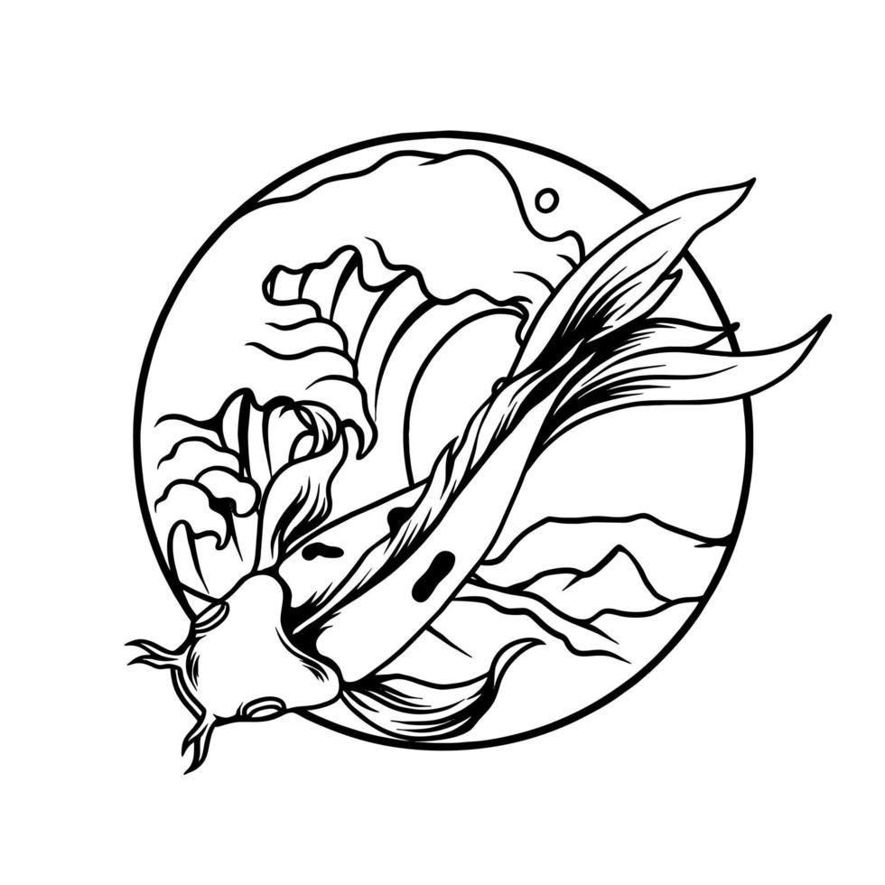 Chinese Koi Fish With Ocean Silhouette vector