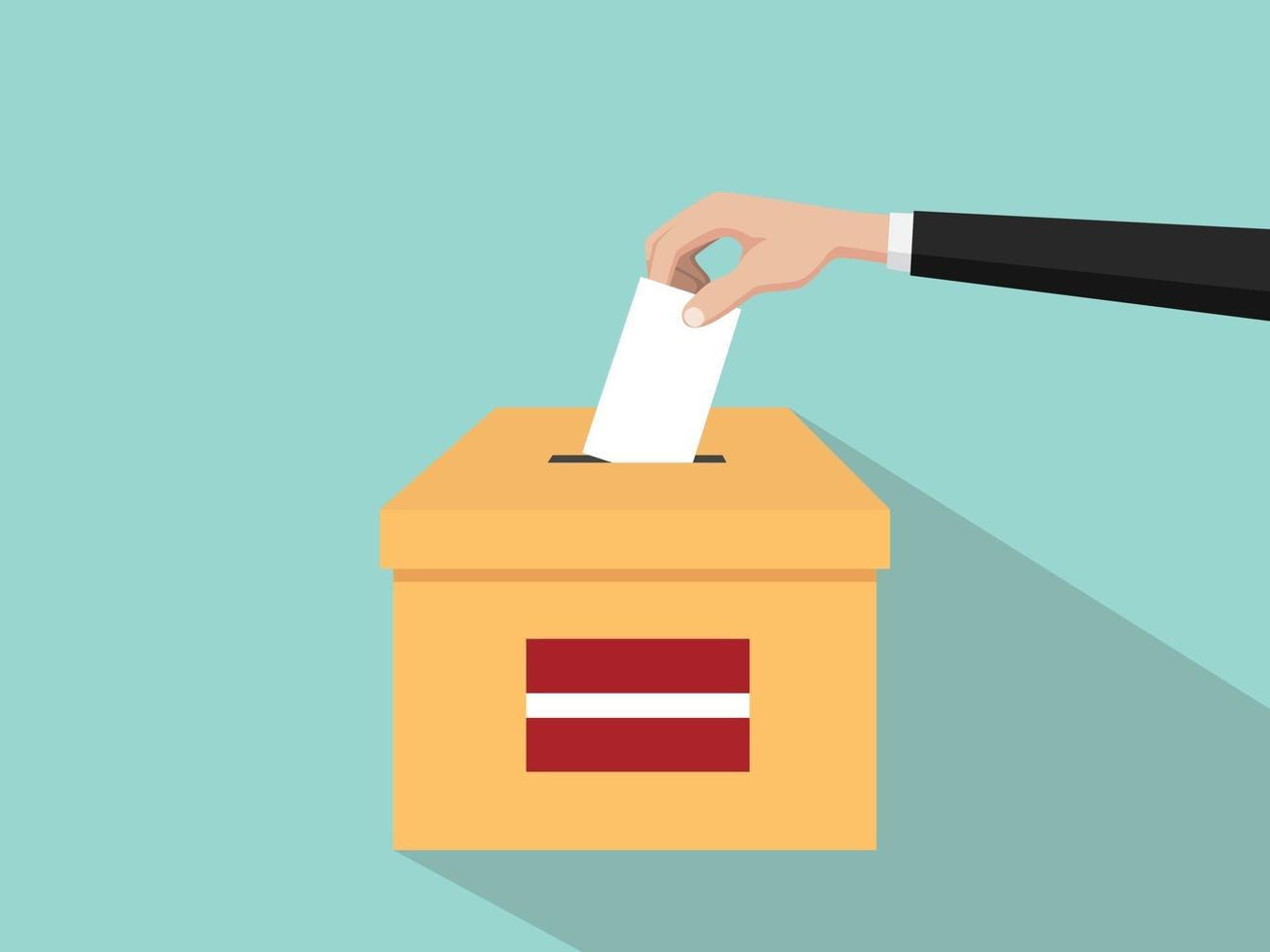 ilustración del concepto de elección de voto de letonia con la mano del votante de personas que inserta votos en las elecciones de casillas con un estilo plano de sombra larga vector