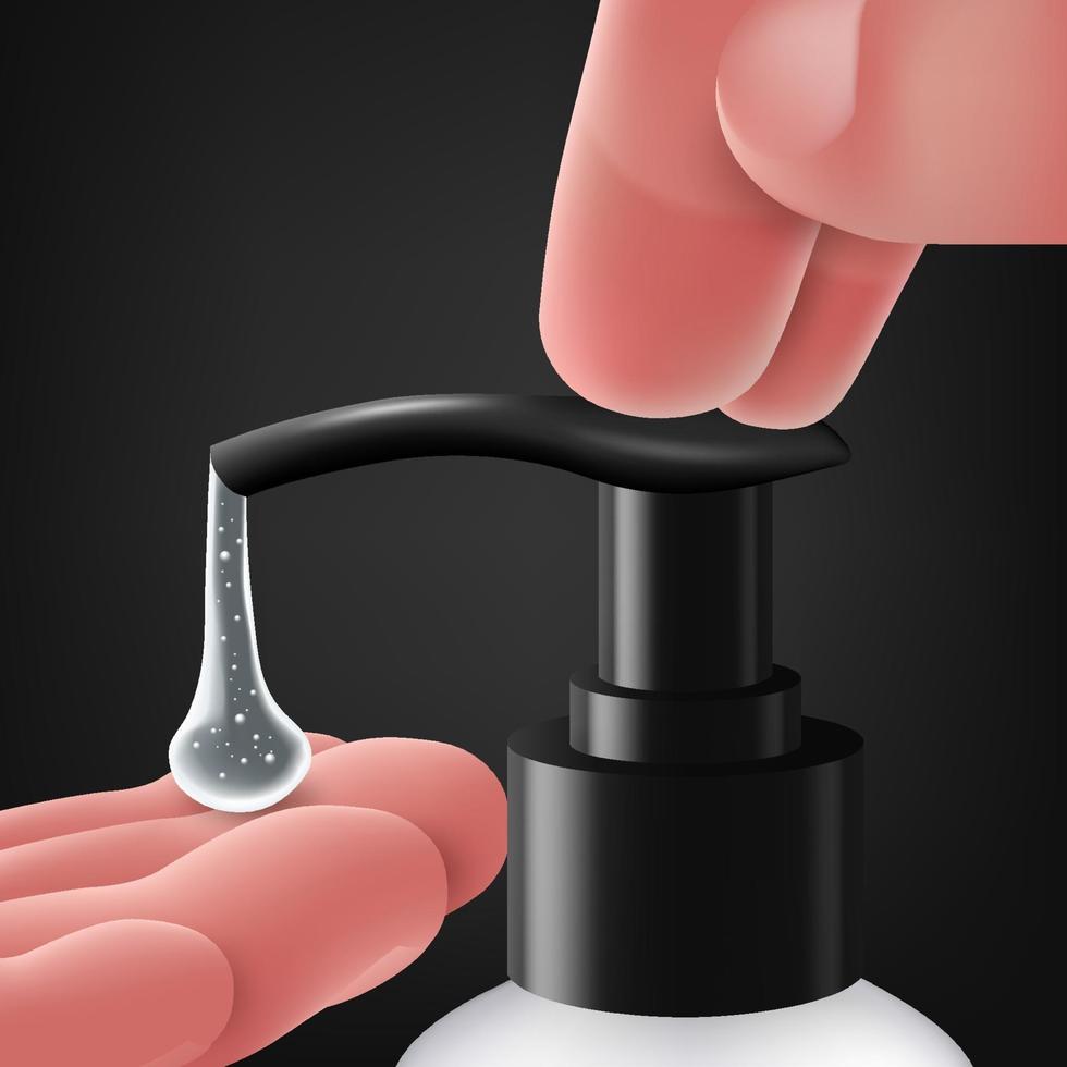 manos realistas usando una bomba de gel desinfectante para manos. ilustración vectorial vector