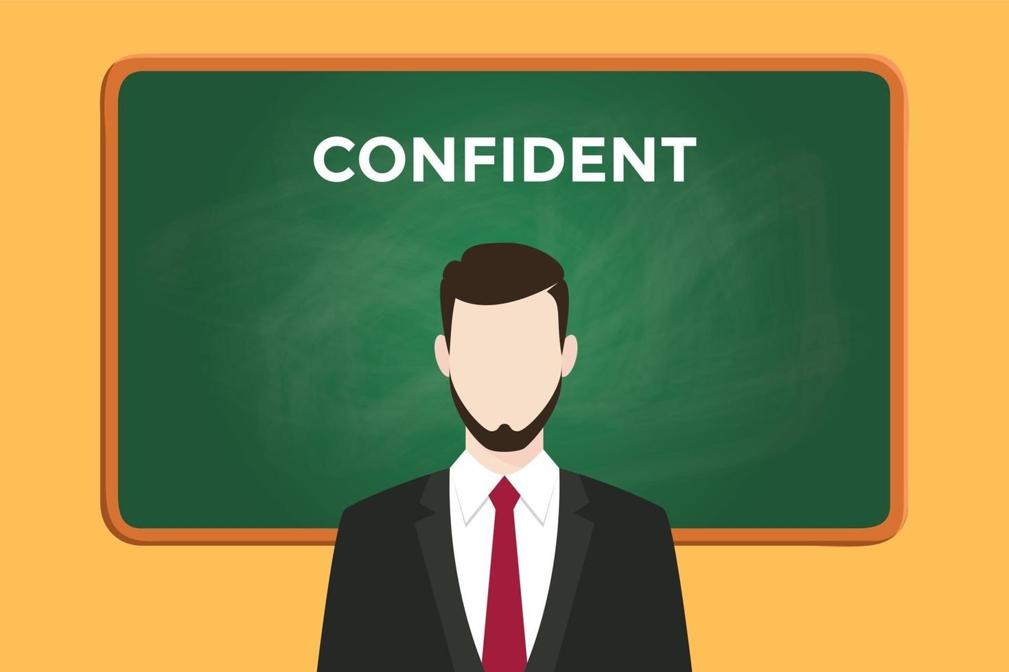 confident person illustration with a man wearing a black suit in front of green chalk board and white text vector