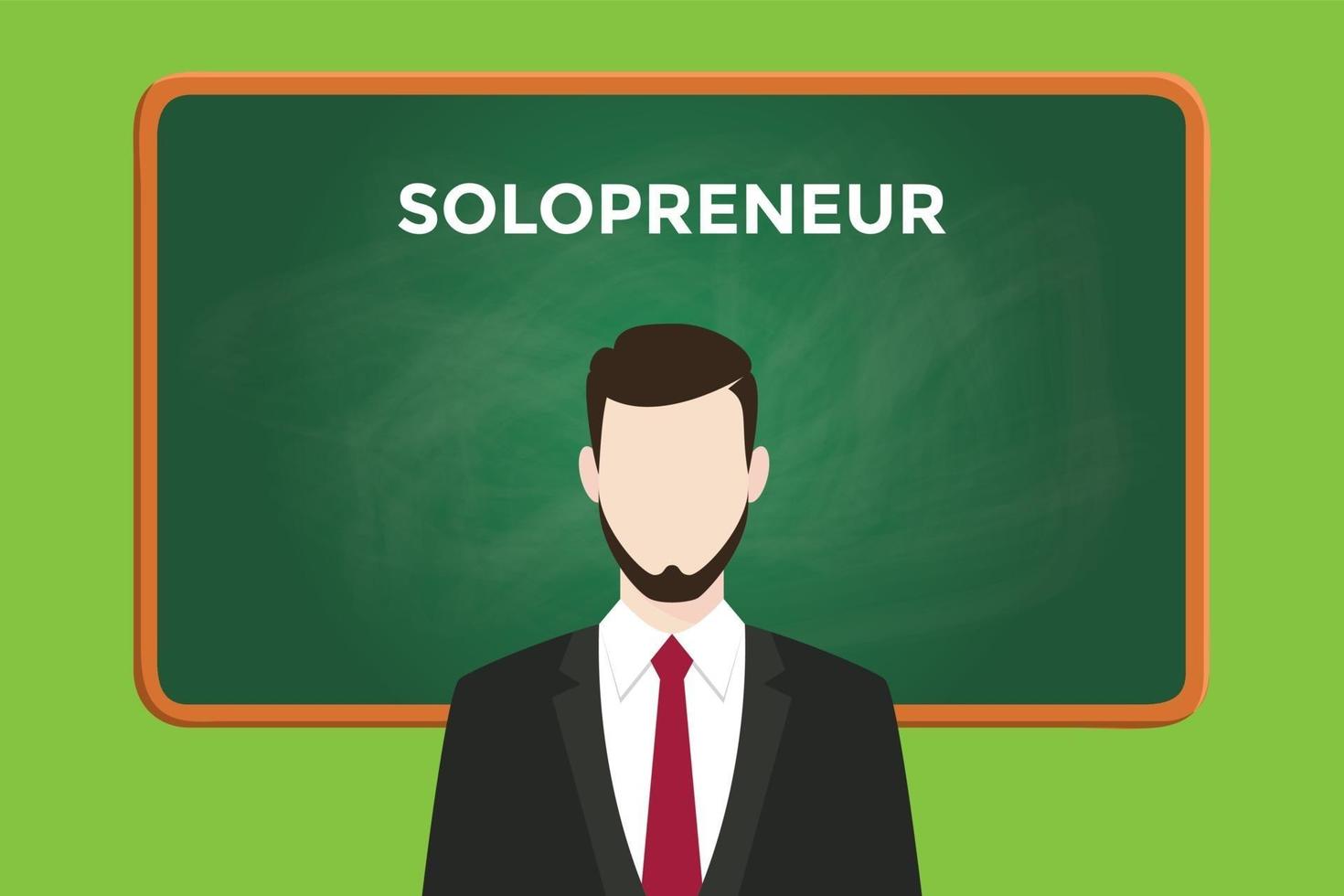 solopreneur illustration with a man wearing a black suit in front of green chalk board and white text vector