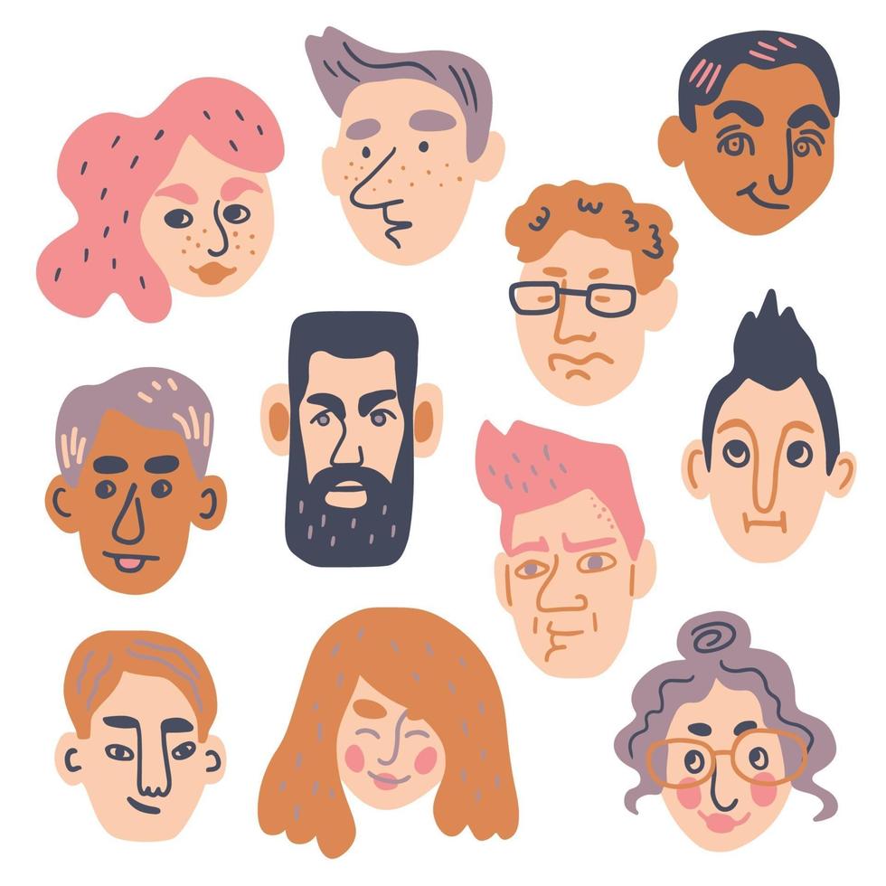 conjunto de diferentes rostros humanos con diversas expresiones. ilustración vectorial dibujada a mano estilo garabato vector